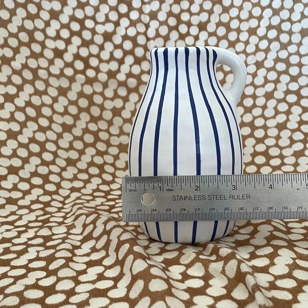 Ikea White Ceramic Pitcher Vase with Blue Stripes Scandinavian Modern Decor‎